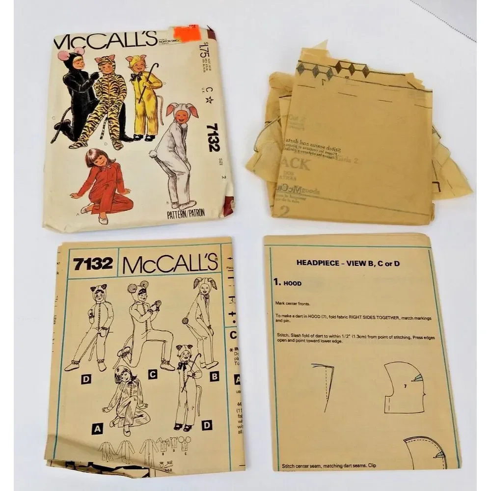 McCalls Sewing Pattern 7132 Kids Animal Costumes Sz 2 HALLOWEEN Cut Complete VTG